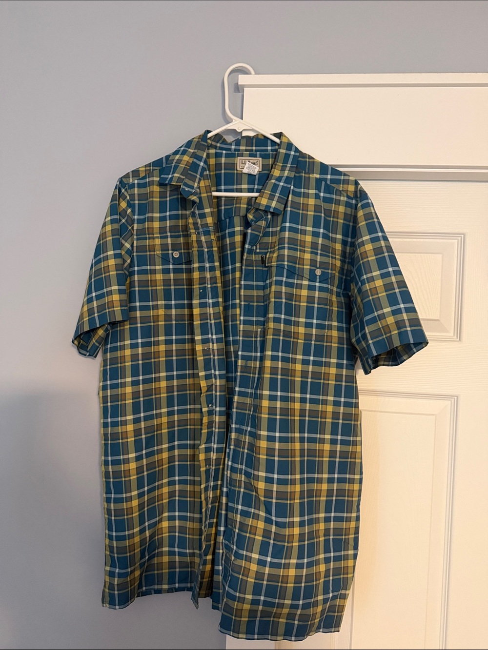 L.L. Bean Teal & Yellow Plaid Short-Sleeve Button-Down